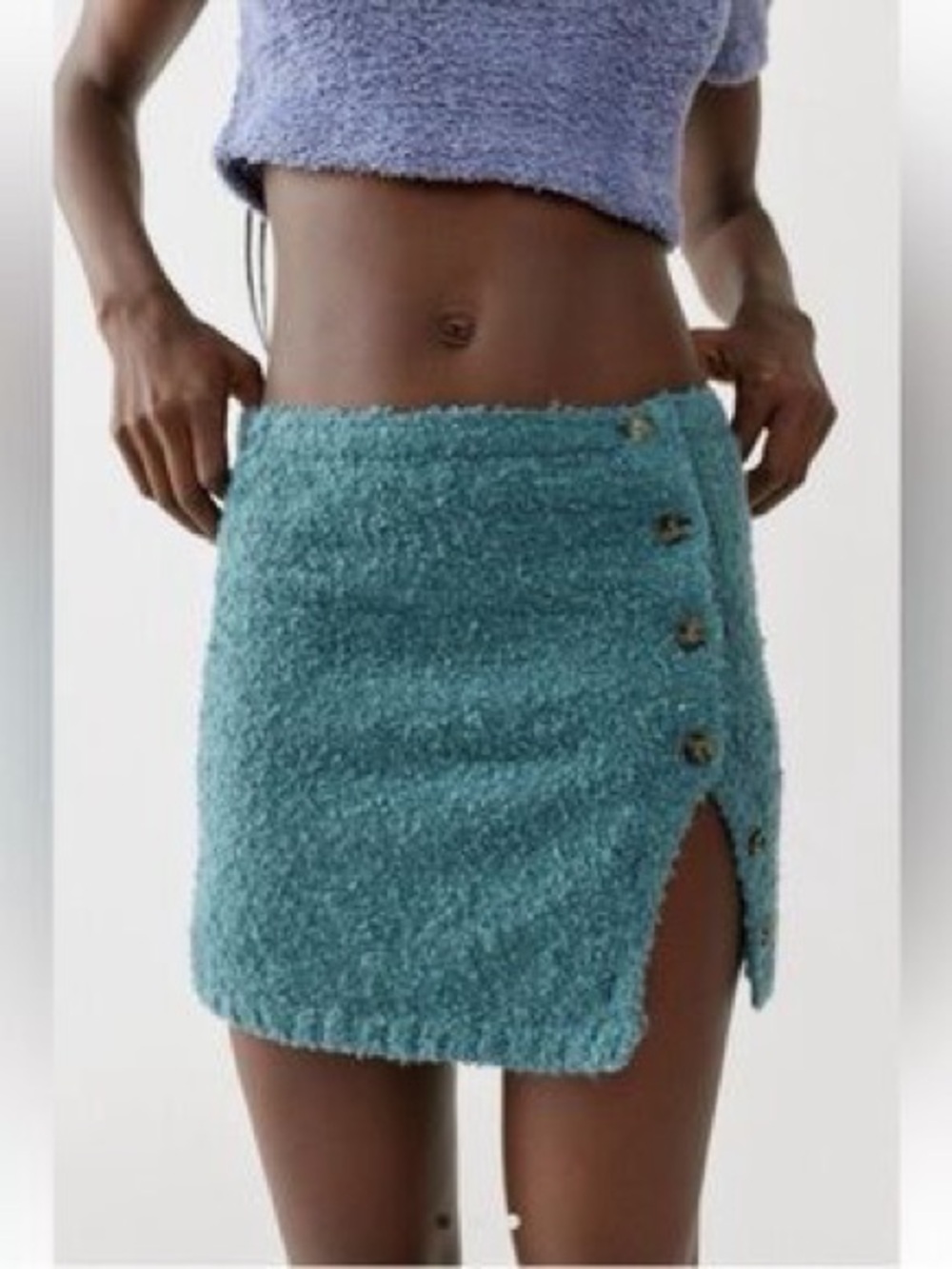Urban Outfitters Aster Fuzzy Knit Blue Boucle Textured Button Front Mini Skirt